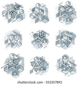 3d abstract vector isometric backgrounds. Layouts of cubes, hexagons, squares, rectangles and different abstract elements. Vector collection.