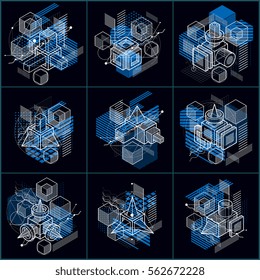 3d abstract vector isometric backgrounds. Layouts of cubes, hexagons, squares, rectangles and different abstract elements. Vector collection.