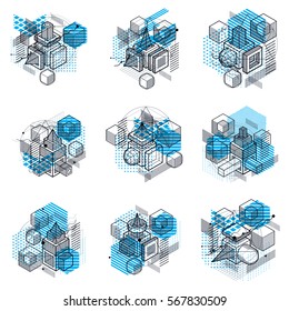 3d abstract vector isometric backgrounds. Layouts of cubes, hexagons, squares, rectangles and different abstract elements. Vector collection.