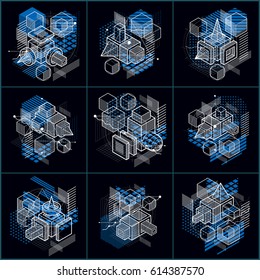 3d abstract vector isometric backgrounds. Layouts of cubes, hexagons, squares, rectangles and different abstract elements. Vector collection.