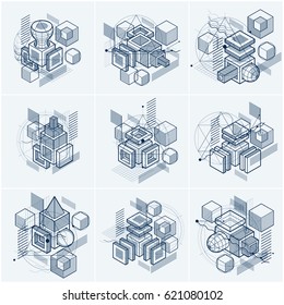 3d abstract vector isometric backgrounds. Layouts of cubes, hexagons, squares, rectangles and different abstract elements. Vector collection.