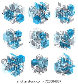 3d abstract vector isometric backgrounds. Layouts of cubes, hexagons, squares, rectangles and different abstract elements. Vector collection.