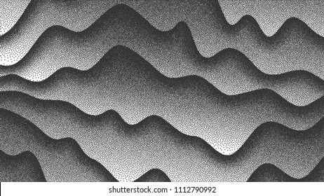 3D Abstract Vector Smooth Liquid Curved Lines Retro Style Dotwork Background. Hand Made Dotted Stippling Engraving Texture