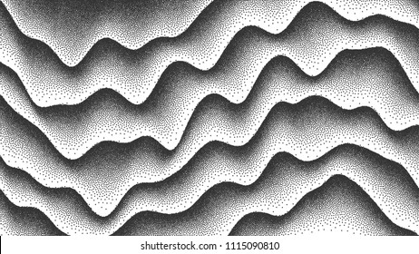 3D Abstract Vector Smooth Liquid Curved Lines Retro Style Dotwork Background. Hand Made Dotted Stippling Engraving Texture