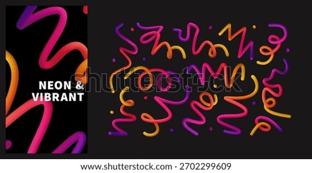 3D abstract vibrant colorful gradient lines and shapes set. Vector dynamic elements with smooth colorful flowing shapes in warm vivid hues. bright fluid splines and dots. 3D vector graphic on black.