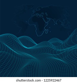 3D Abstract Virtual Landscape, Cyberspace Grid, Network - Technology Background, Vector Illustration