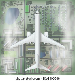 3D Abstract White Airplane Fly Over The City. EPS10 Vector