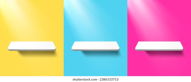 3D Abstract White Round Corner Shelf Or Podium On Yellow, Blue And Pink Pastel Color Wall. EPS10 Vector