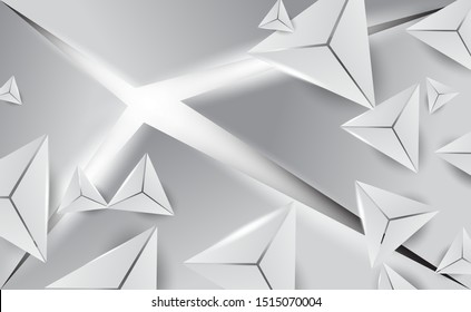 3D Abstract White Triangle Shapes minimal background.Geometric polygon for business card your text. Explosion Power Design with Crushing Surface white light.Graphic paper cut and craft style.vector