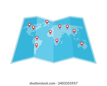 3D Abstract world map with red location pin mark or GPS navigation icon sign in different cities. Vector of  fold paper world map with GPS Navigation Globe Map 3D positioning, cartography, navigation.