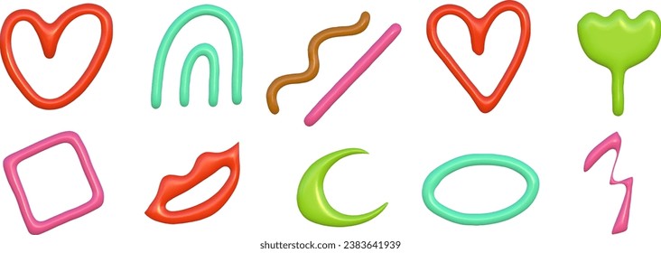 3d abstract y2k element set. Plastic colorful playful doodle shape. 3d vector render.