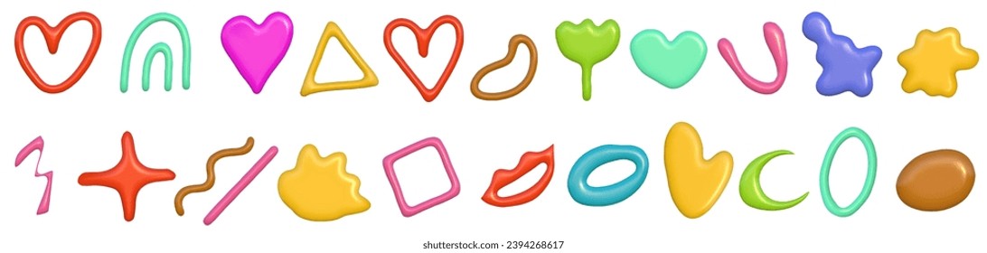 3d abstract y2k element set. Plastic colorful playful doodle shape. 3d vector render.