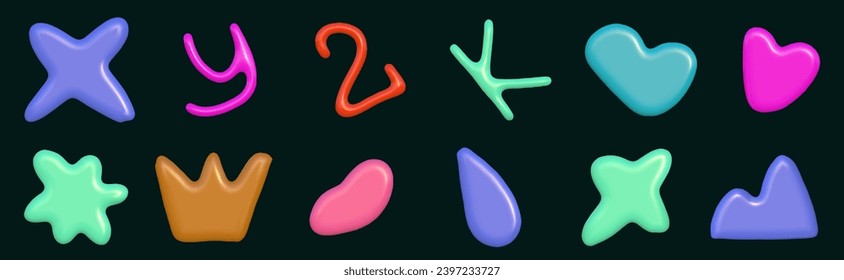 3d abstract y2k element set. Plastic colorful playful doodle shape. 3d vector render.