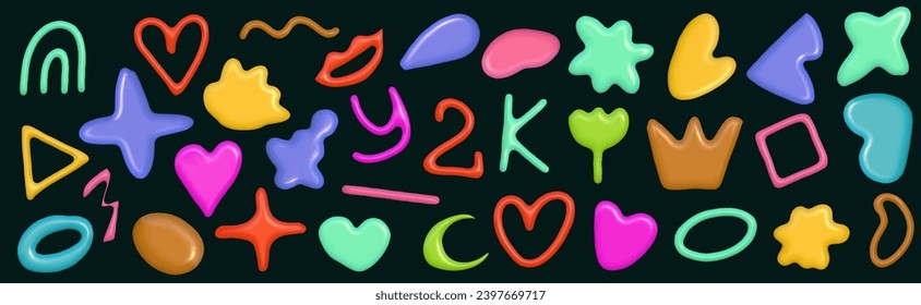 3d abstract y2k element set. Plastic colorful playful doodle shape. 3d vector render.