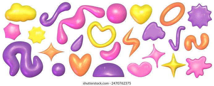 3d abstract y2k shape set isolated. Plastic color playful element star, heart and cloud for kid design. 3d y2k doodle memphis shape. Vector cartoon illustration
