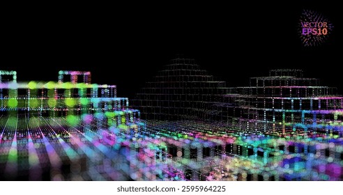 3D abstraction with cubes symbolizing quantum computing, blockchain and server technologies. Futuristic design reflecting big data processing and artificial intelligence.