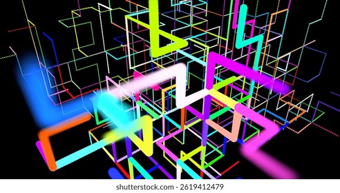 Abstracción 3D con cubos que simbolizan la computación cuántica, blockchain y tecnologías de servidor. Diseño futurista que refleja el procesamiento de big data y la inteligencia artificial.