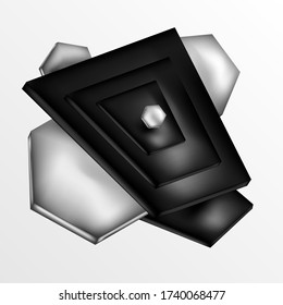 3d Abstracciones en el espacio, de figuras geométricas tridimensionales.  Tonos blancos y negros con emisión de profundización.  Objetos espaciales.  Vector