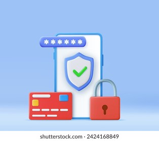 3d account, password, secure, mobile, payment. Mobile phone protection system. Smartphone security concept. Account safety and security concept. 3d rendering. Vector illustration