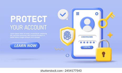 3D account protection poster. Authorization and authentication. Safety and security of personal information on internet. Landing webpage design. Cartoon isometric vector illustration