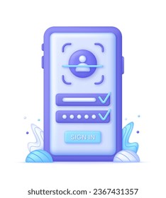 3D Account registration on Phone. Personal data protection on the internet. Correct data entering. User authorization, sign in to account, authentication page. Vector in 3d style.