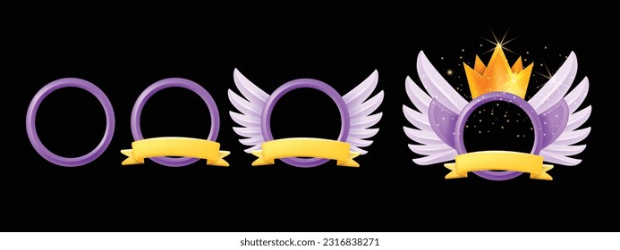 3D achievement avatar frame set, vector game UI award border, circle decoration rank reward, crown. Premium level up ranking ribbon, magic fantasy wings, royal presentation label. Round avatar frame