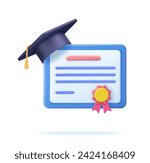 3d Achievement, award, grant, diploma concepts. graduation certificate with cup icon with stamp and ribbon bow. 3d rendering. Vector illustration