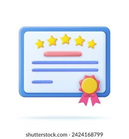 3d Achievement, award, grant, diploma concepts. certificate icon with stamp and ribbon bow. 3d rendering. Vector illustration