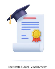 3d Achievement, award, grant, diploma concepts. graduation certificate with cup icon with stamp and ribbon bow. 3d rendering. Vector illustration