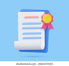 3d Achievement, award, grant, diploma concepts. certificate icon with stamp and ribbon bow. 3d rendering. Vector illustration