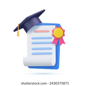 3d Achievement, award, grant, diploma concepts. graduation certificate with cup icon with stamp and ribbon bow. 3d rendering. Vector illustration