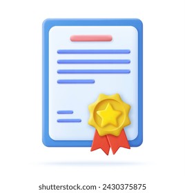 3d Achievement, award, grant, diploma concepts. certificate icon with stamp and ribbon bow. 3d rendering. Vector illustration