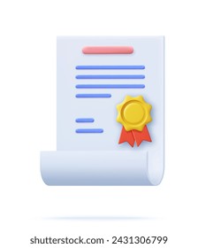 3d Achievement, award, grant, diploma concepts. certificate icon with stamp and ribbon bow. 3d rendering. Vector illustration