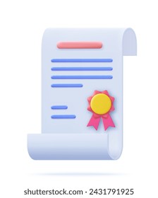 3d Achievement, award, grant, diploma concepts. certificate icon with stamp and ribbon bow. 3d rendering. Vector illustration