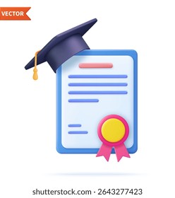 3d Achievement, award, grant, diploma concepts. graduation certificate with cup icon with stamp and ribbon bow. 3d rendering. Vector illustration