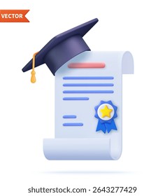 3d Achievement, award, grant, diploma concepts. graduation certificate with cup icon with stamp and ribbon bow. 3d rendering. Vector illustration