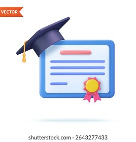 3d Achievement, award, grant, diploma concepts. graduation certificate with cup icon with stamp and ribbon bow. 3d rendering. Vector illustration