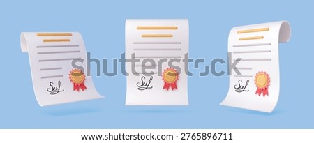 3d achievement certificate, education diploma, graduate and qualification scroll document with seal and ribbon. Vector icon of official approval, school graduation, academic success and training