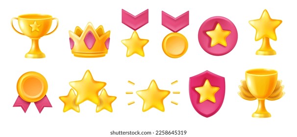 3D achievement icon set, vector professional quality sign, recognition gold medal award game badge. Ranking certificate, premium shield reward, trophy cup, competition crown. 3D achievement clipart 