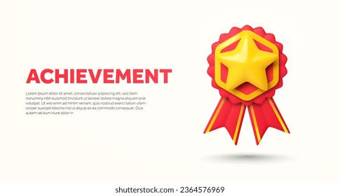 3d achievement and success banner template with red medal and a golden star on it. Competition landing page concept. 3d rendered premium medal icon isolated on background. 3d vector illustration. svg