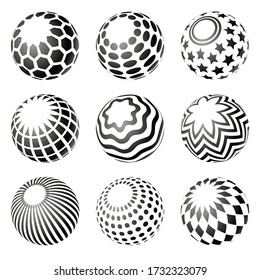 3d achromatic spheres collection on white. Striped and dotted surfaces.