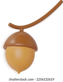 3d Acorn on a Branch Plasticine Cartoon Style Autumn Concept Isolated on a White Background. Vector illustration