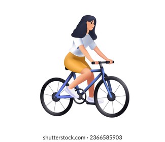 3D Active woman riding on bike vector 3D cartoon illustration. Mother, daughter cycling. Doing sports. Girl enjoying healthy lifestyle. Recreational outdoor activity