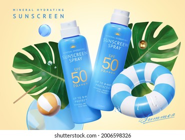 3d ad design for sunscreen product display. Composition of two spray bottles decorated with tropical leaves and swimming ring.