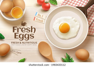 3d ad of fresh and nutritious brown eggs. Top view of frying pan and raw eggs on kitchen wooden table. Concept of frying an egg for healthy breakfast.