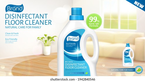 3d ad template for disinfectant floor cleaner or odor remover. Realistic plastic bottle packet over blurry living room background.