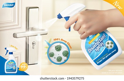 3d ad template for disinfectant spray or odor remover. Product bottle held in hand spraying liquid on door handle with close up of germs and viruses.