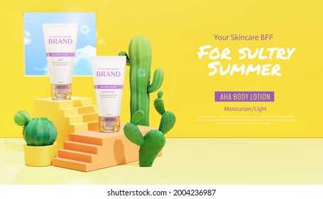 3d ad template for summer acid lotion. Tube mock-up on stair stage with cactus decoration. Suitable for cosmetic promotion.