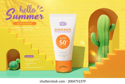3d ad template for summer skincare product display. Sunscreen tube being set in front of yellow brick wall and stairs.