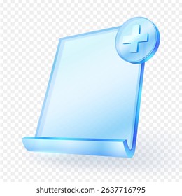3d add new document icon with glass blue design and plus sign. Perfect for apps, interfaces, and digital platforms with modern UI elements. isolated on transparent background. vector illustration.